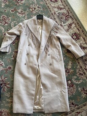 Ways Fringe-Trim Double-Breasted Long Coat - Light Beige never worn